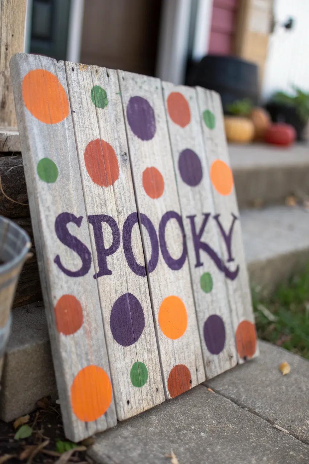A playful sign with colorful polka dots for added whimsy.