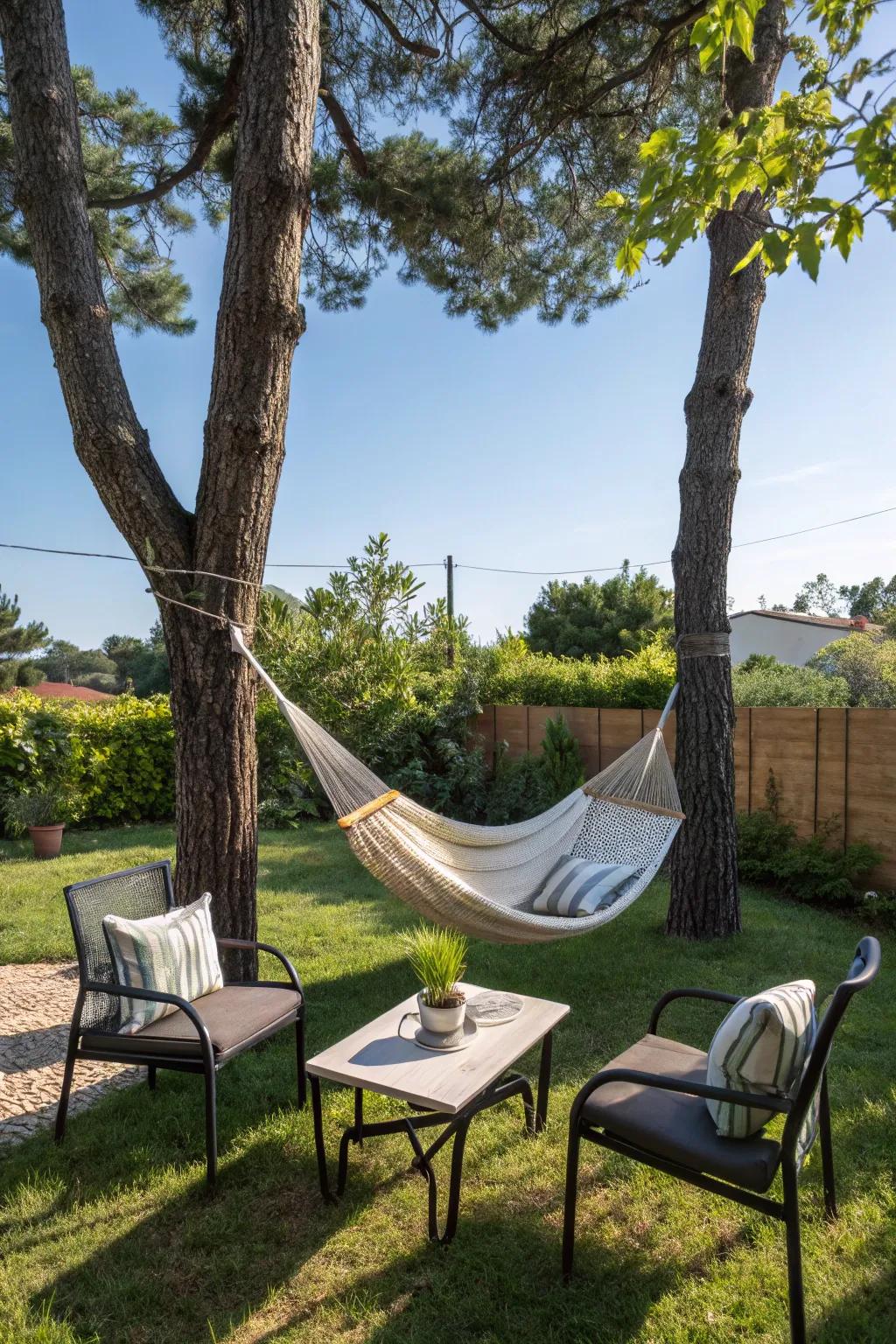 Extend your living space by combining a hammock with outdoor furniture.
