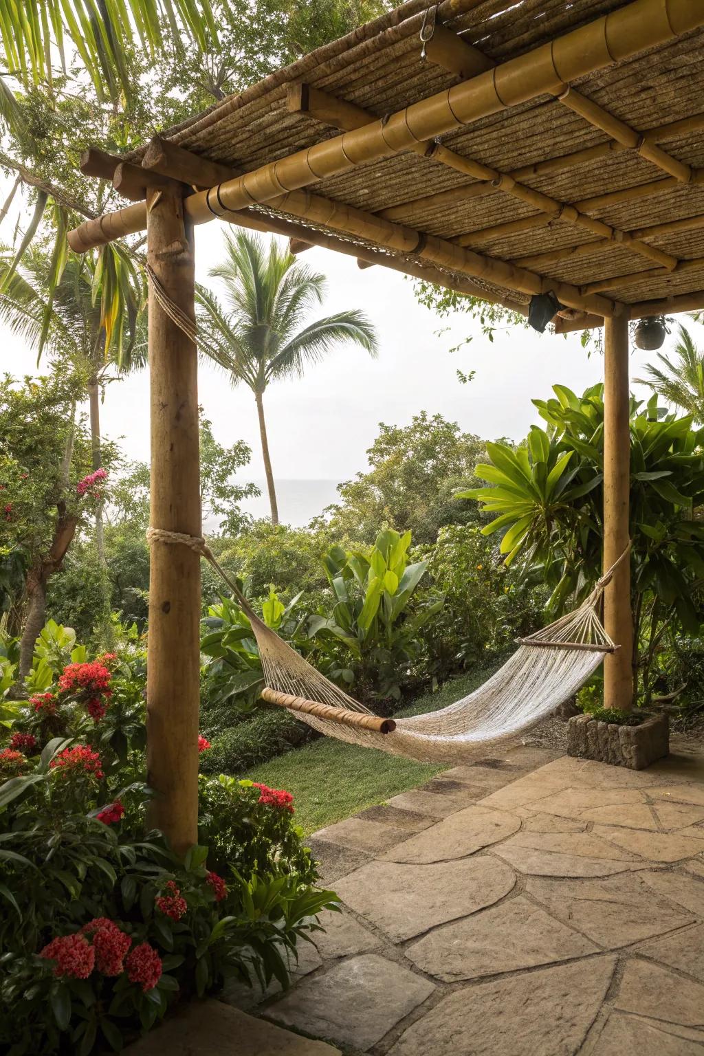 Bamboo structures give a tropical feel and great shade.