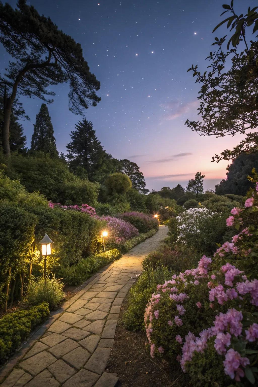 Outdoor lighting creates a magical atmosphere at night.