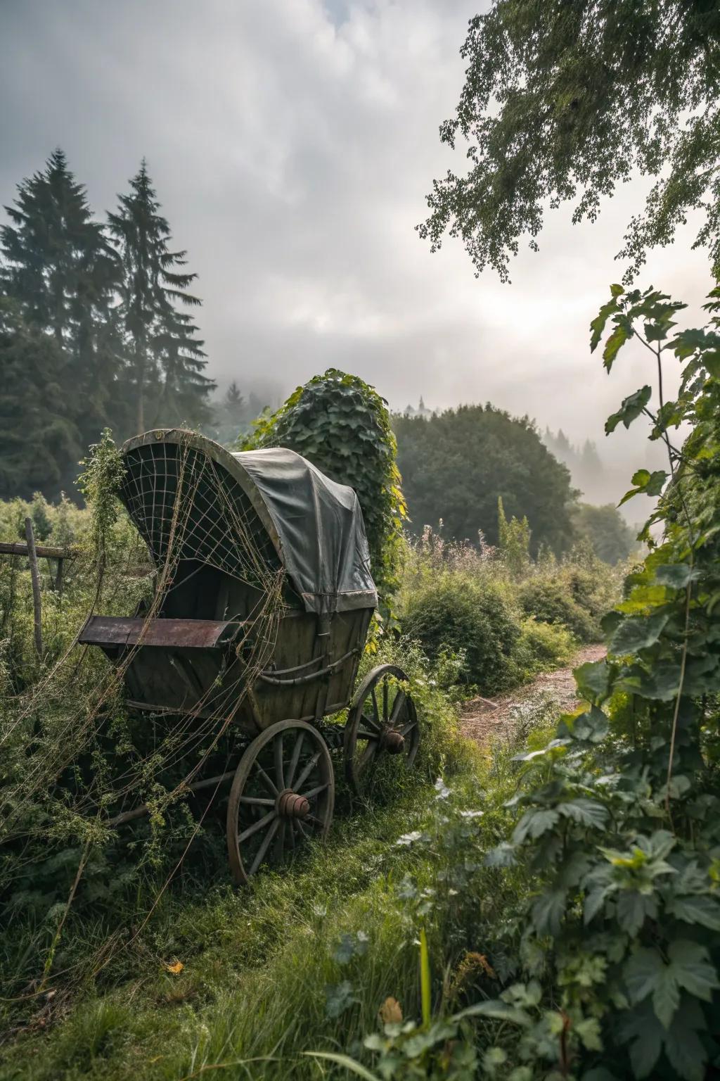 An abandoned carriage lends a historical and eerie vibe to your garden scene.