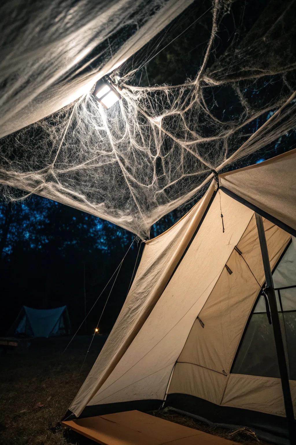 Cobwebs add a classic haunted feel to your tent.