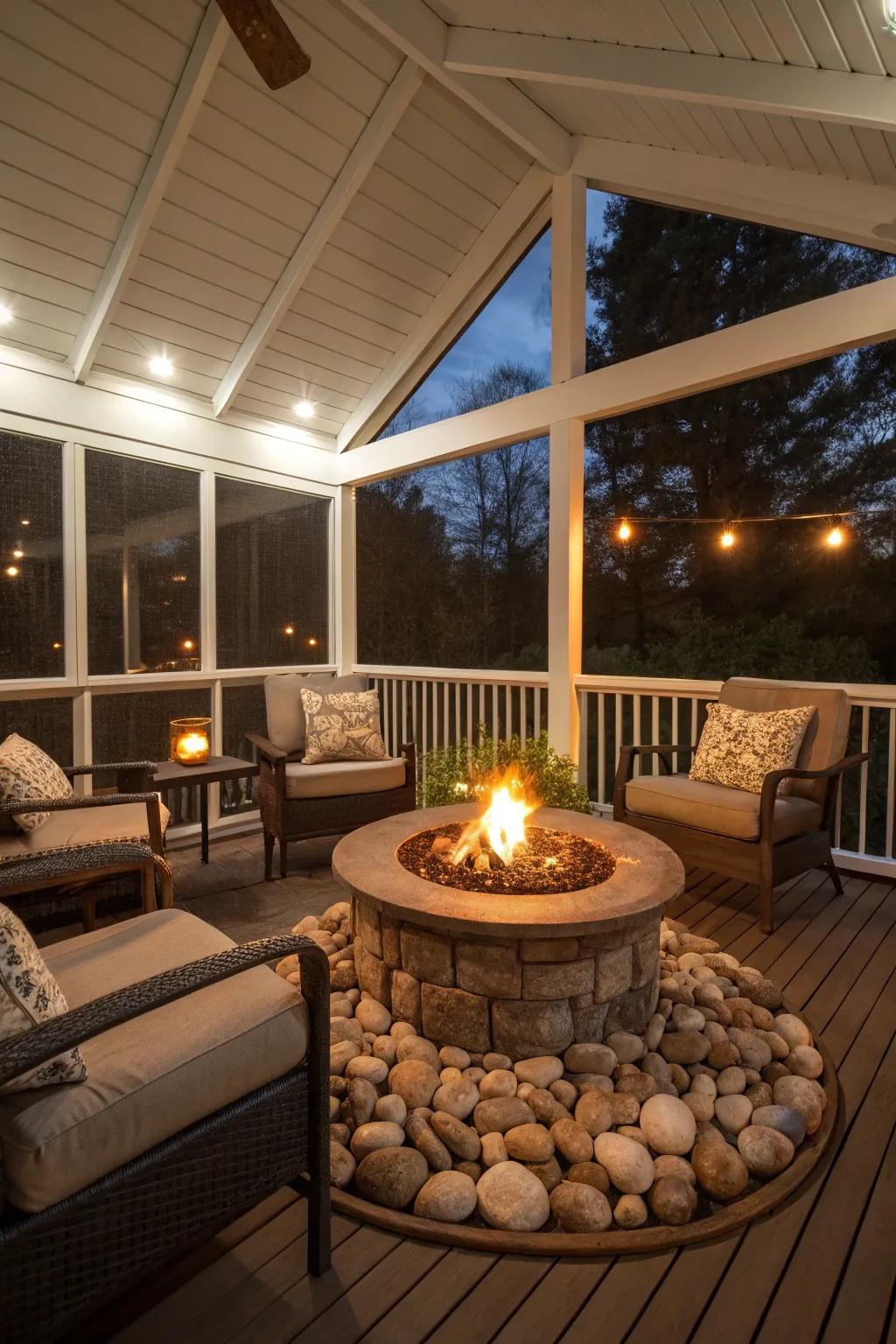 Enchanting fire pit creating a warm and inviting porch atmosphere.