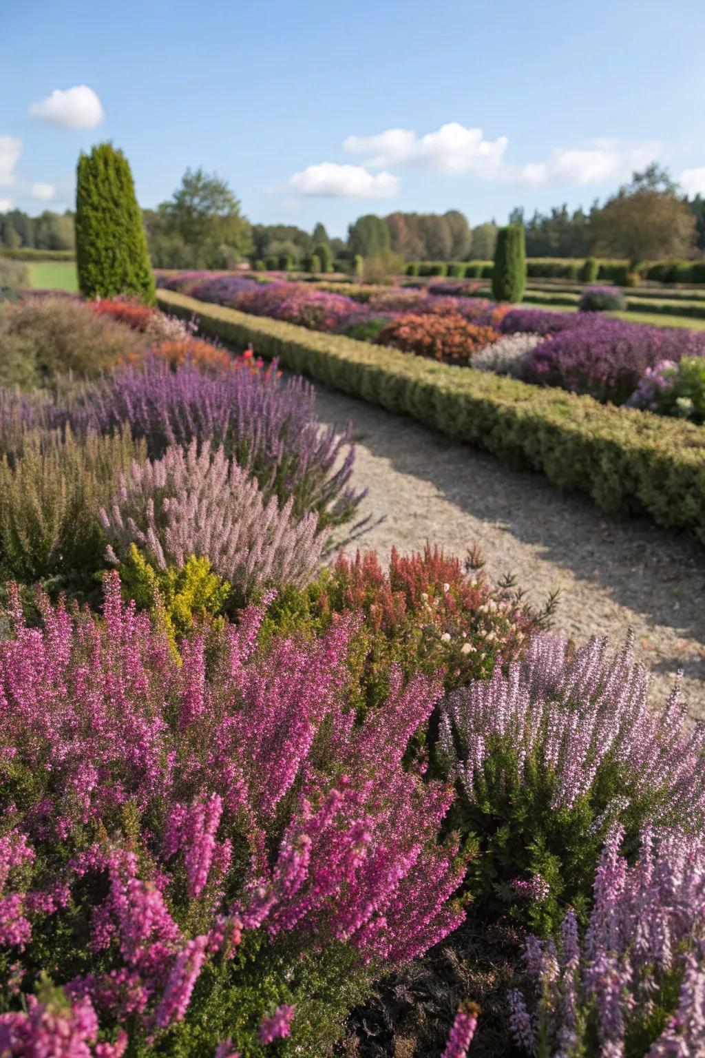 Heather garden with blooms in various stages for seasonal interest.