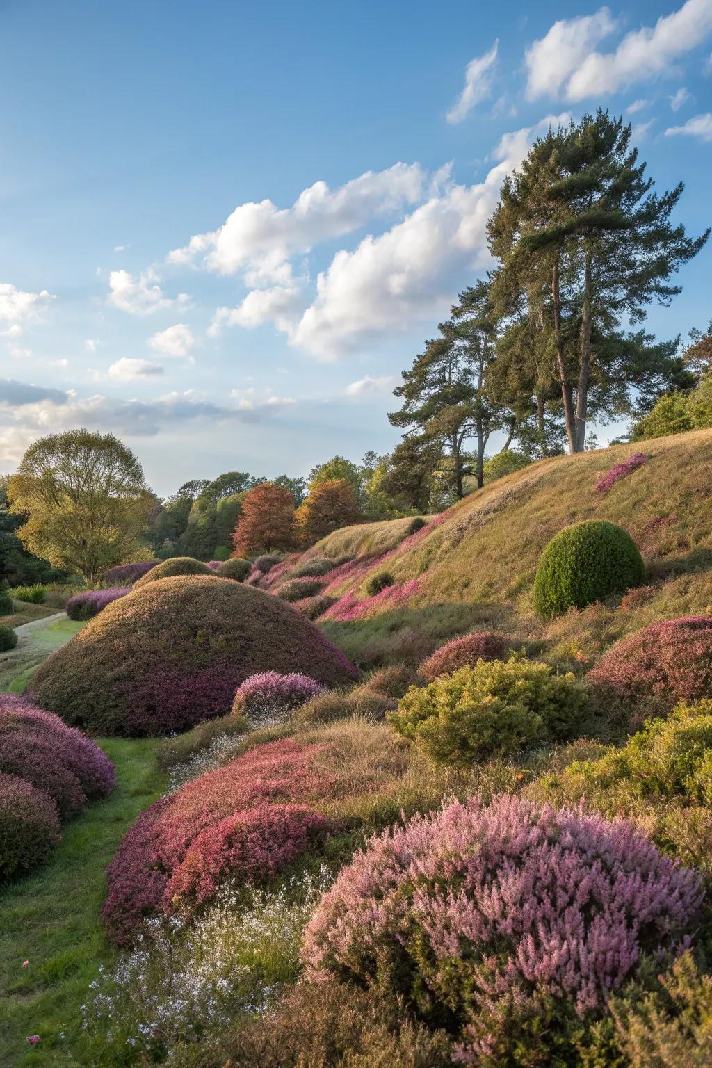 Heather mounds creating a natural hill effect.