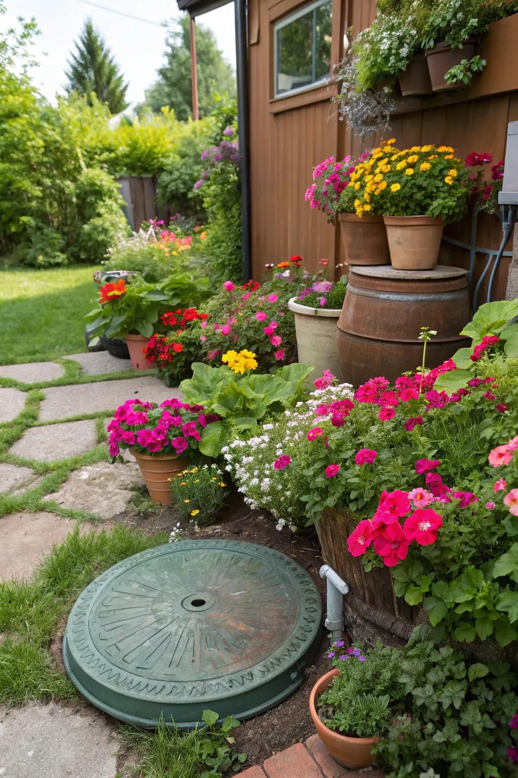 Potted plants add vibrant color and effectively conceal septic tank covers.