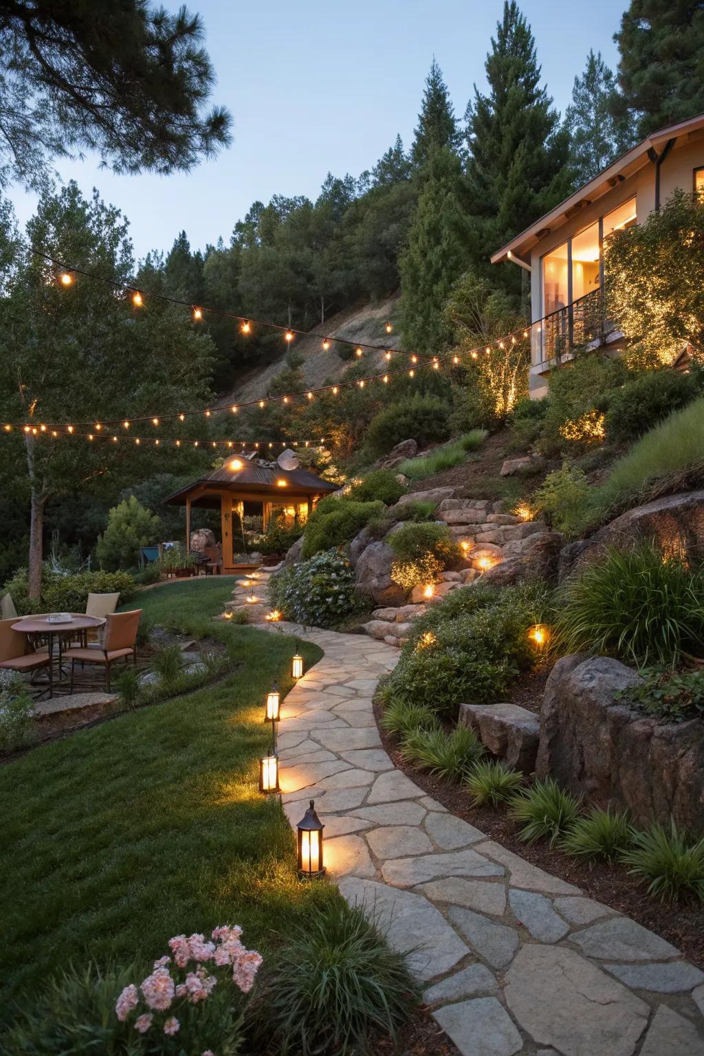 Outdoor lighting creates a magical atmosphere.