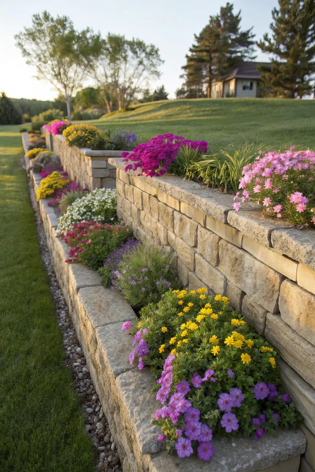 A garden wall with planting beds creates a beautiful focal point.
