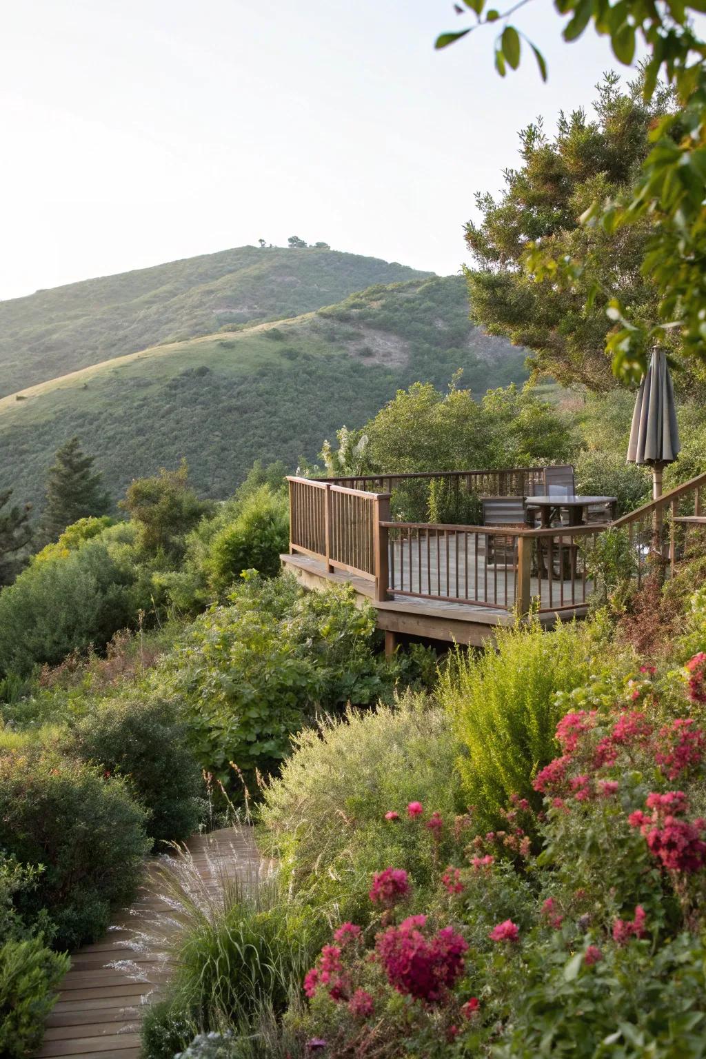 Plants create a natural privacy screen on a sloped deck.