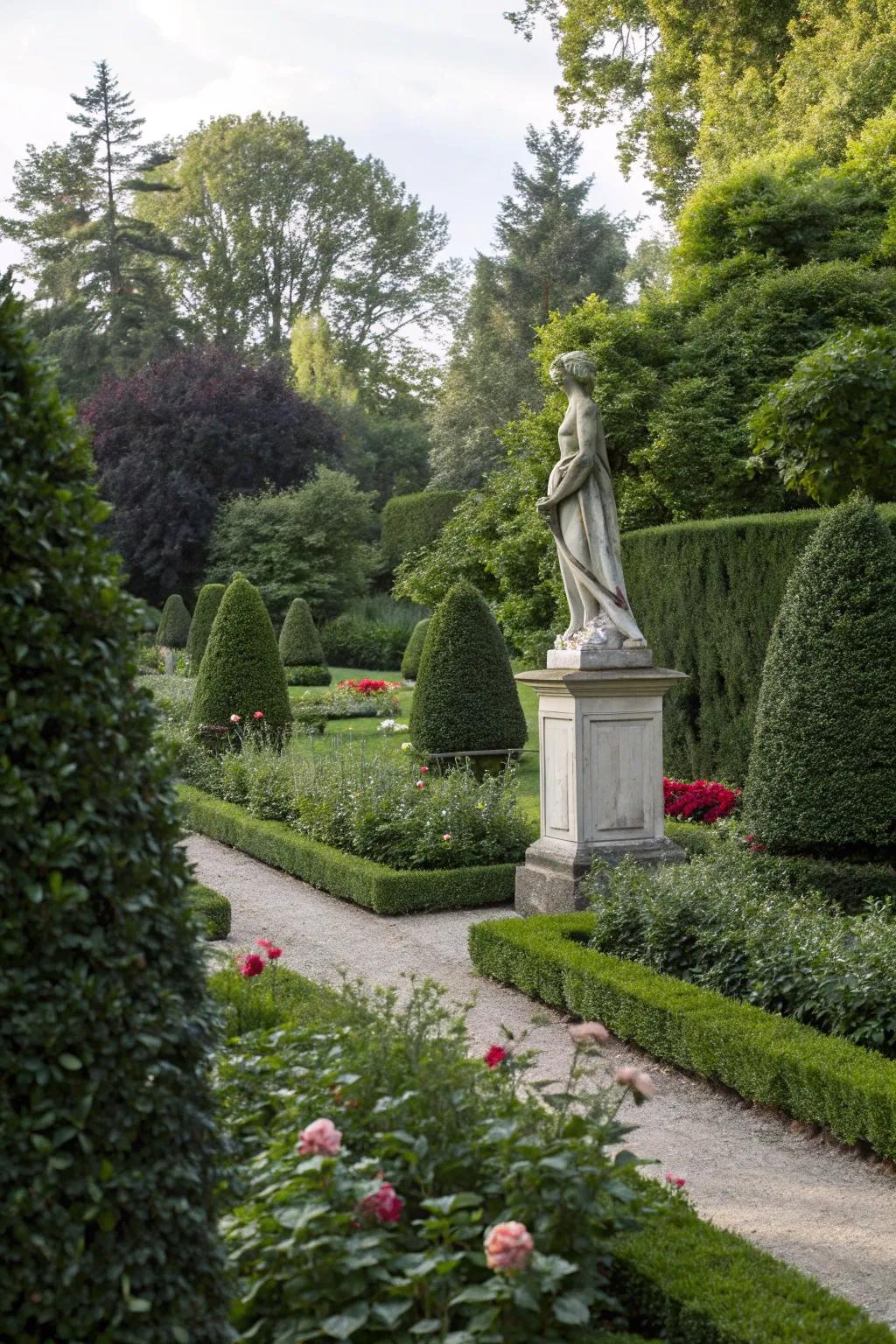 Holly bushes highlighting a garden statue.
