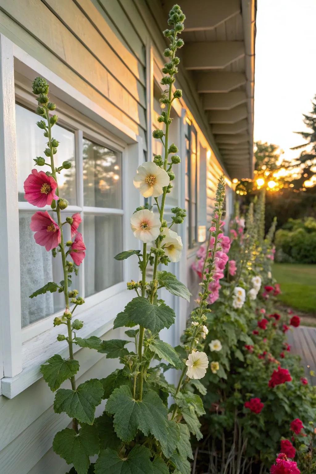 Vibrant hollyhocks framing a window, enhancing the home's exterior.