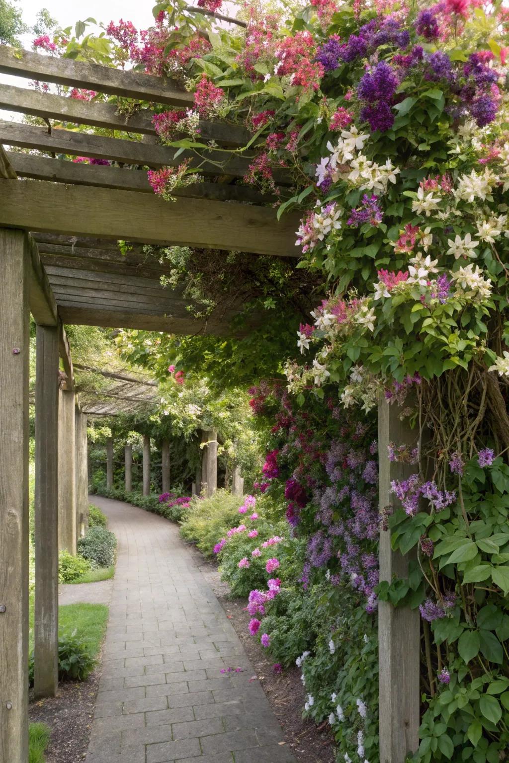A pergola with a blend of honeysuckle and clematis, offering a vibrant mix of blooms.