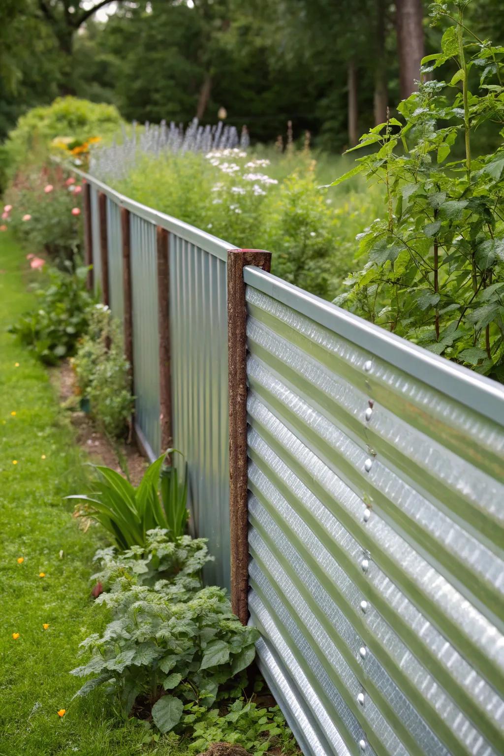A natural metallic finish on a horizontal corrugated metal fence provides a sleek and modern appearance.