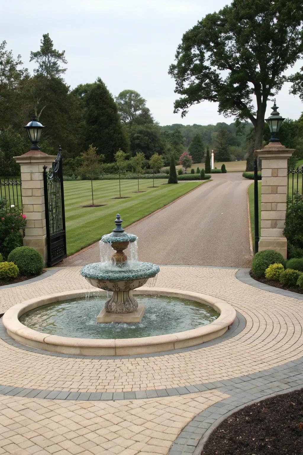 An elegant teardrop feature in the center of a horseshoe driveway.