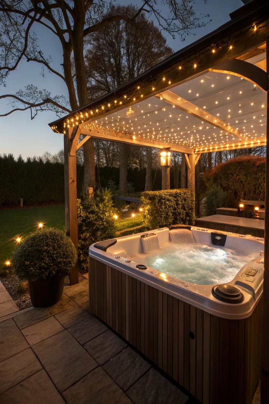 LED lighting adds a magical touch to your hot tub area at night.