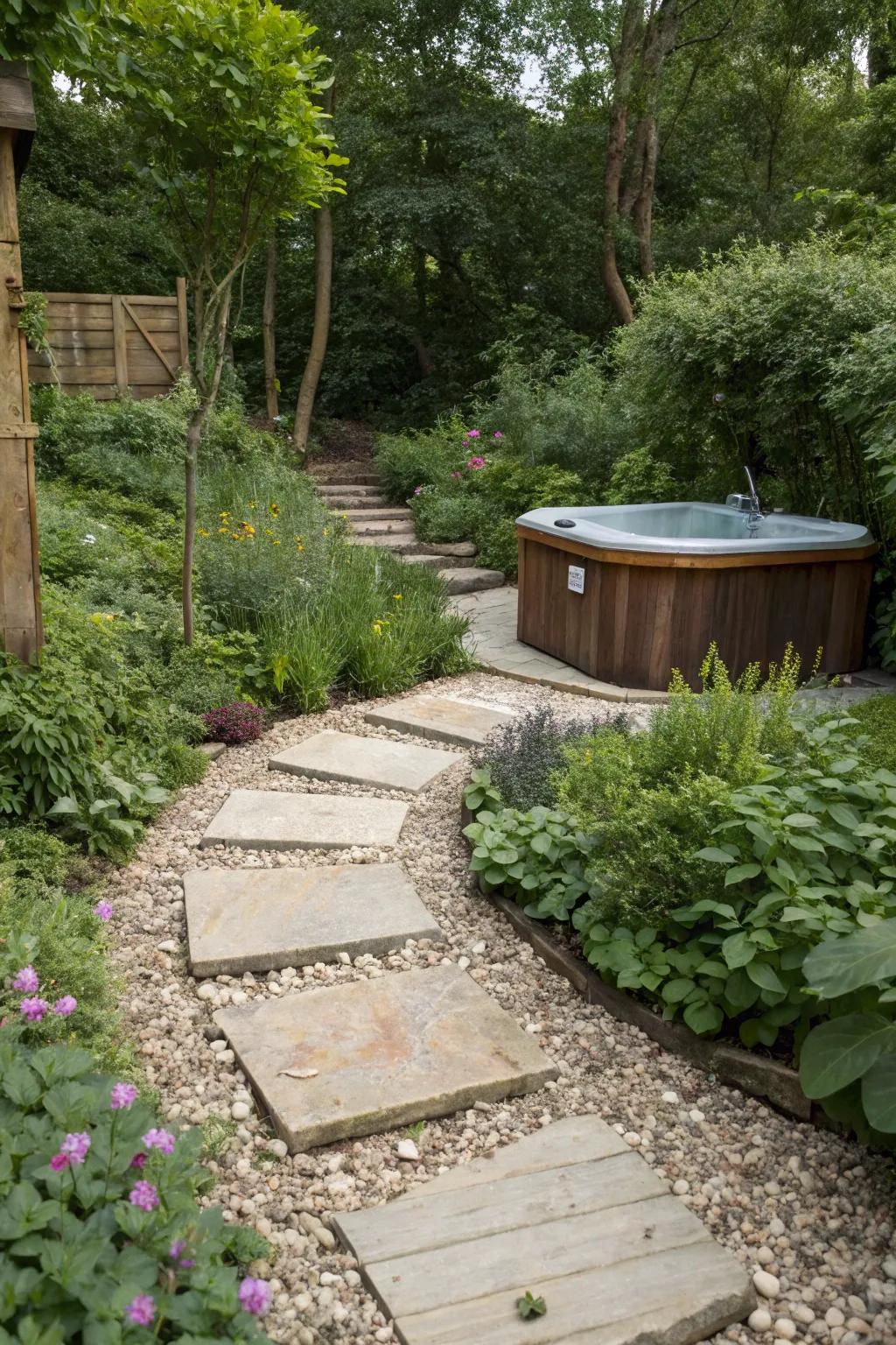 A stone pathway adds an elegant touch to your hot tub setup.
