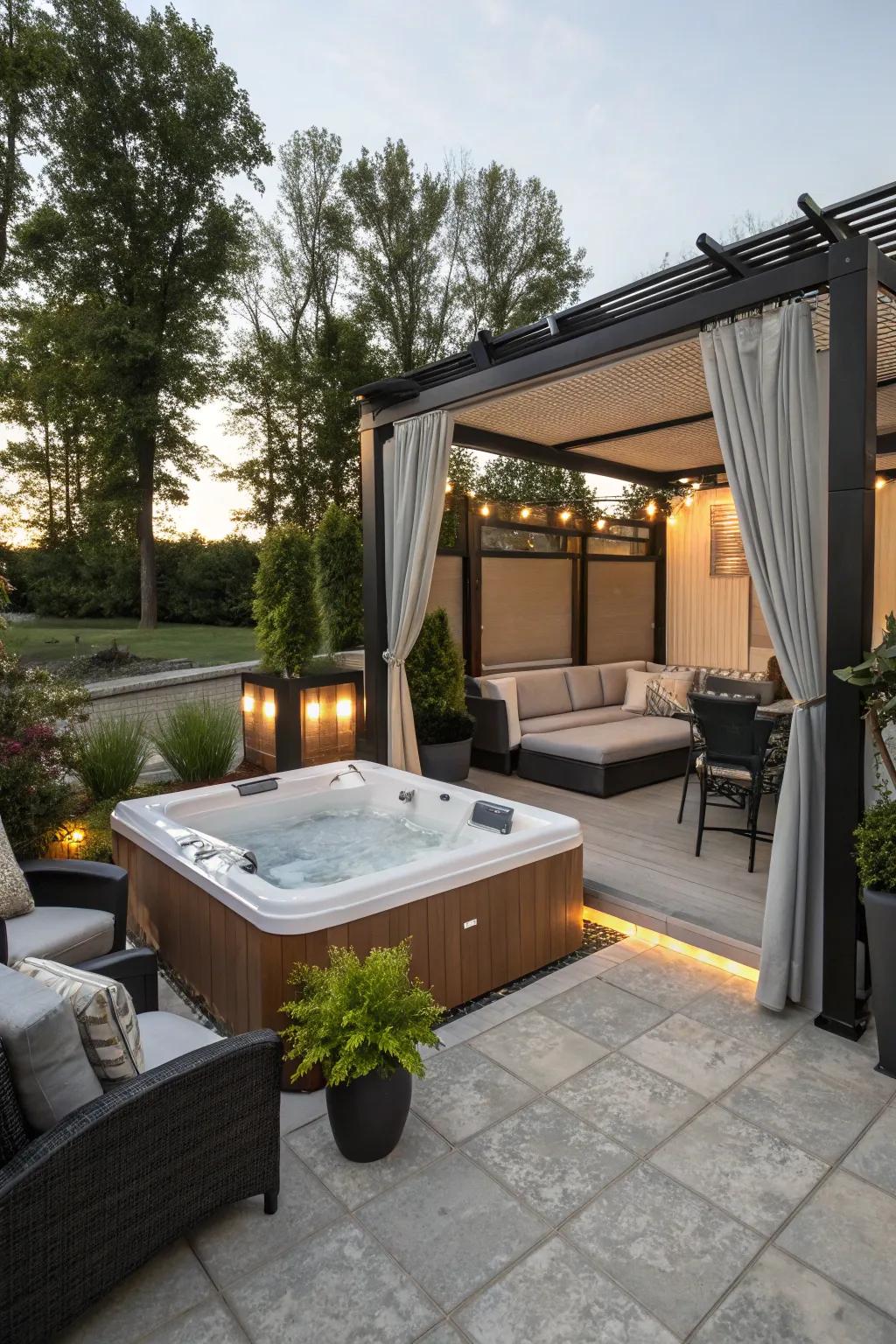 Retractable screens provide versatile privacy options for this hot tub.