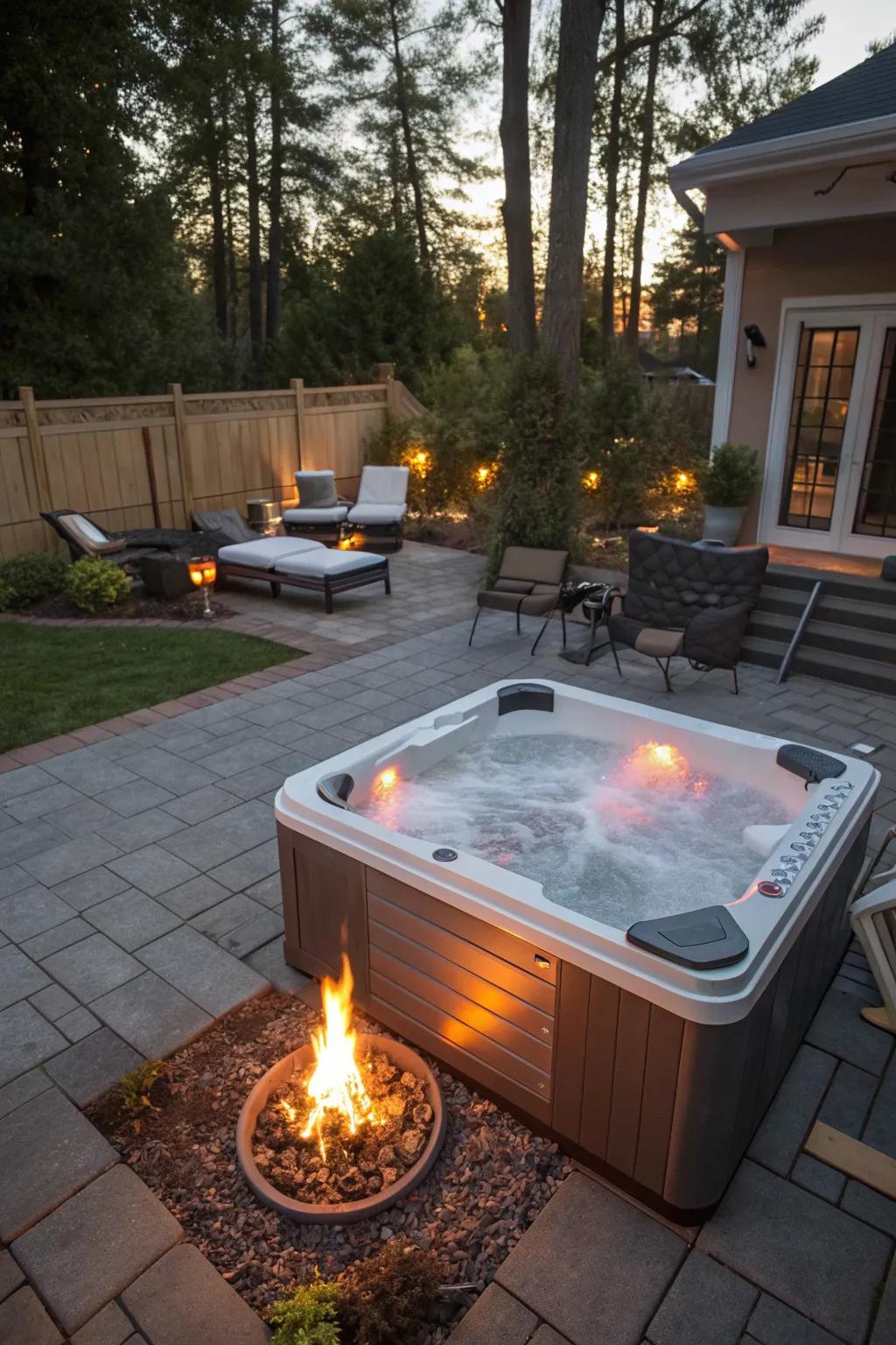 A fire pit creates warmth and ambiance near your hot tub.