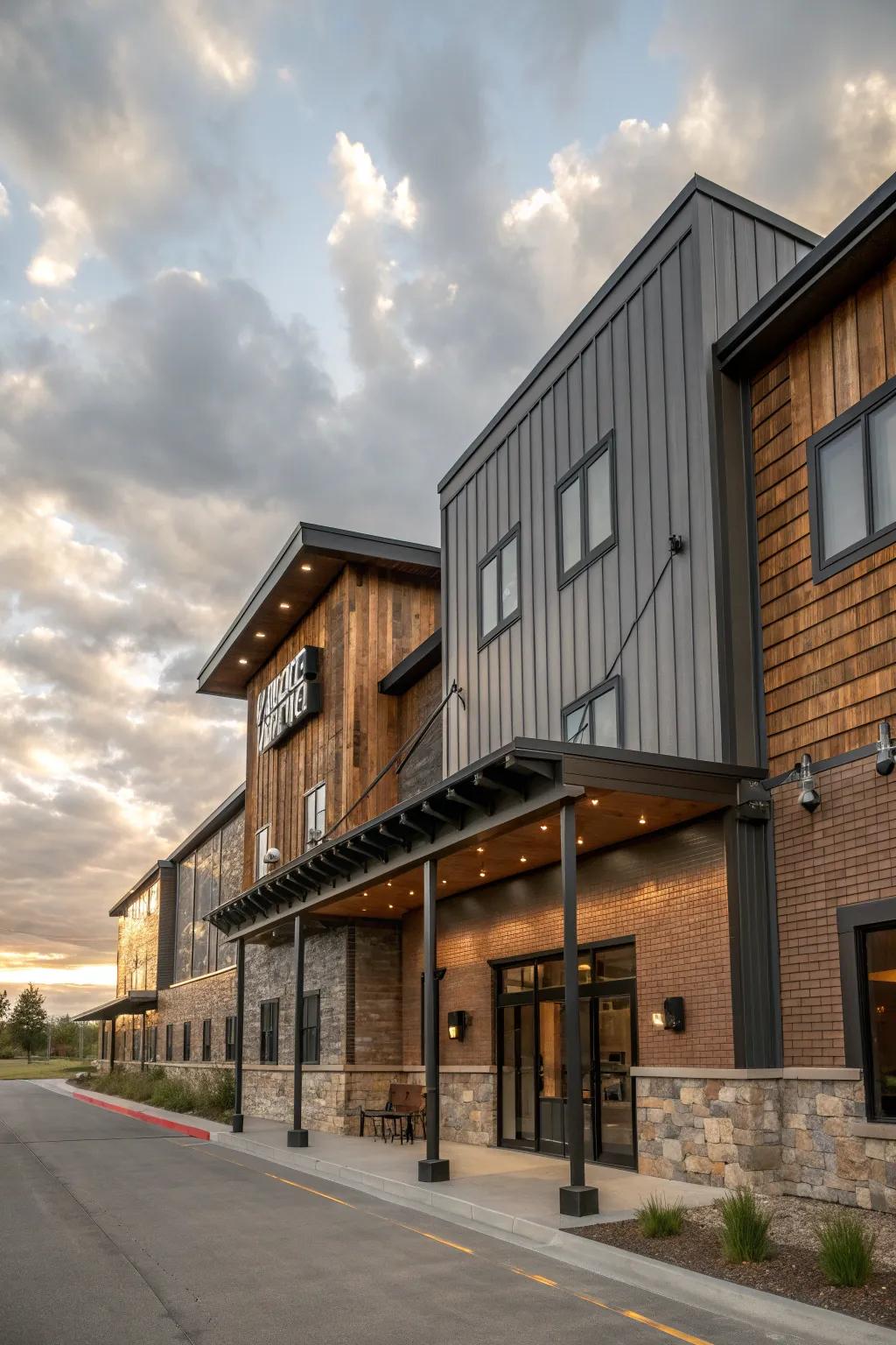 Varied materials add depth and texture to the hotel's exterior.