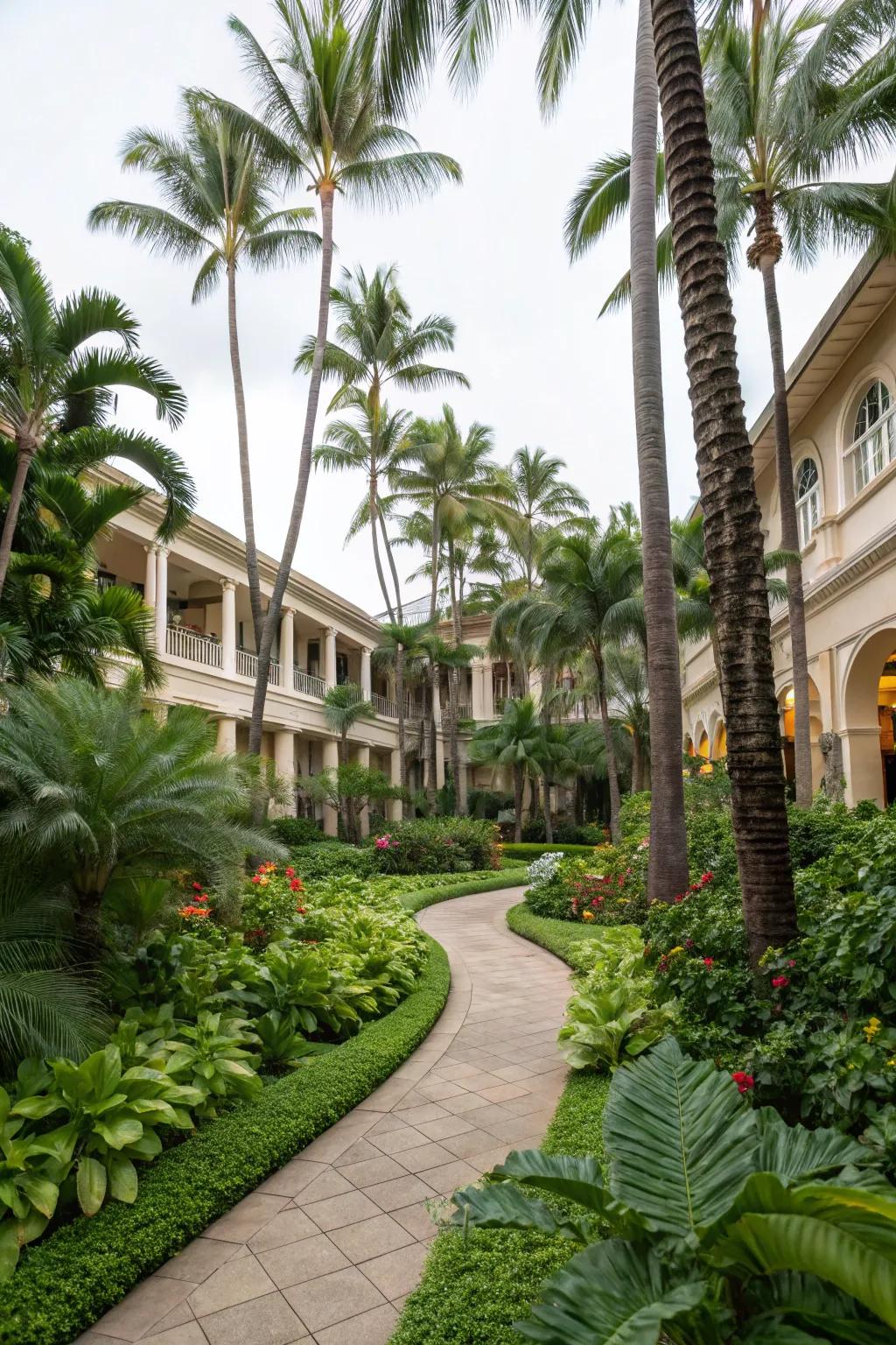 Tropical themes add an exotic flair to hotel gardens.