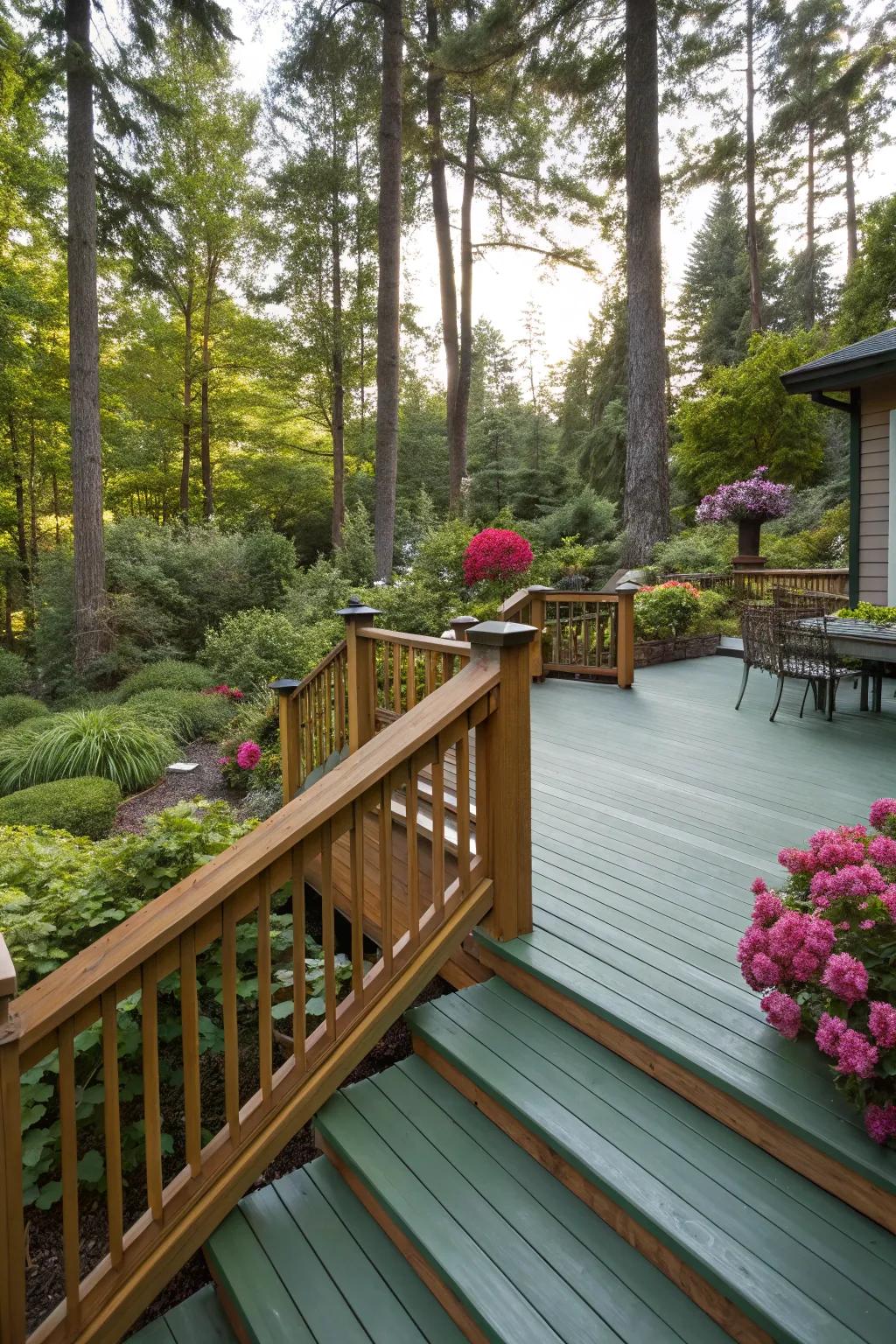 Green and oak create a naturally harmonious outdoor space.