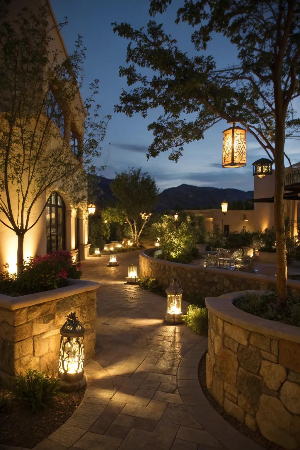 Lighting sets the mood for evening enjoyment in your courtyard.