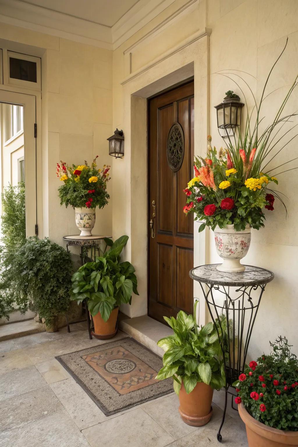 Potted plants and fresh flowers bring natural beauty to the entryway.