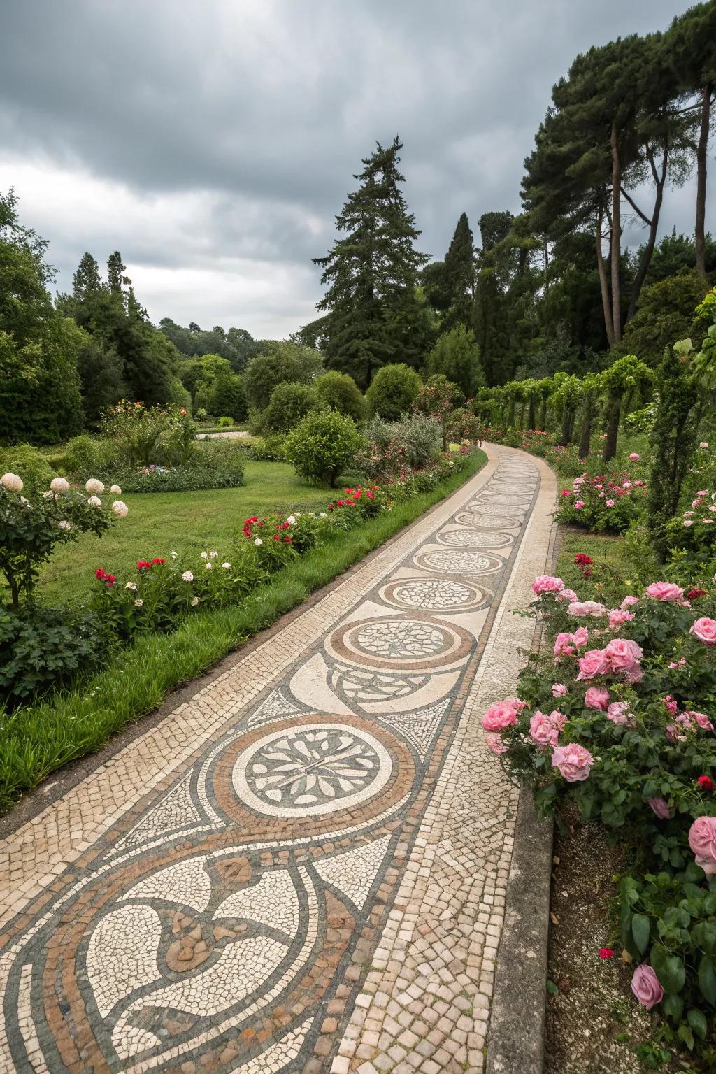 An intricate pebble mosaic pathway adds texture and artistry to the garden.