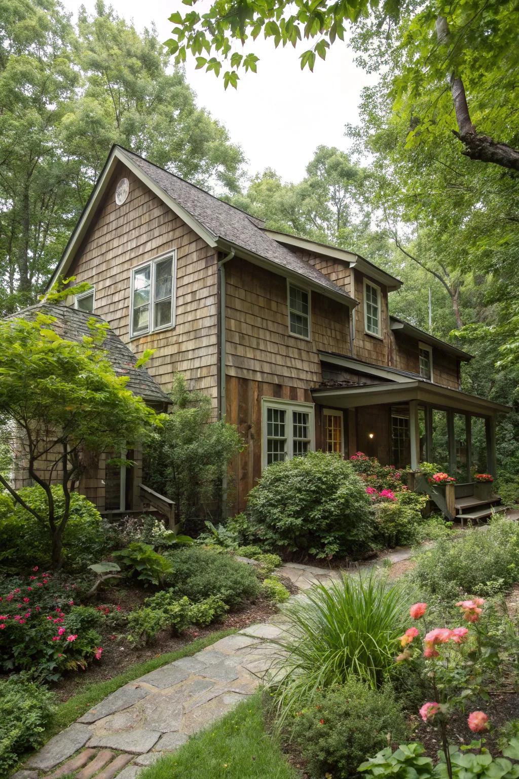 Natural wood siding blends seamlessly with surrounding nature.
