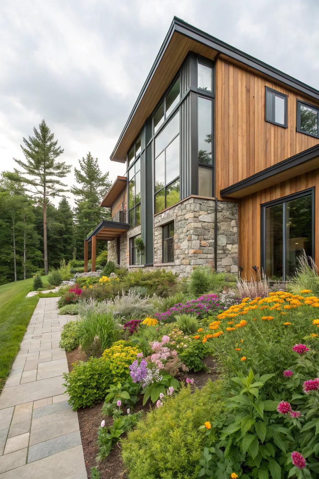 A modern house blending wood siding with stone and metal elements.