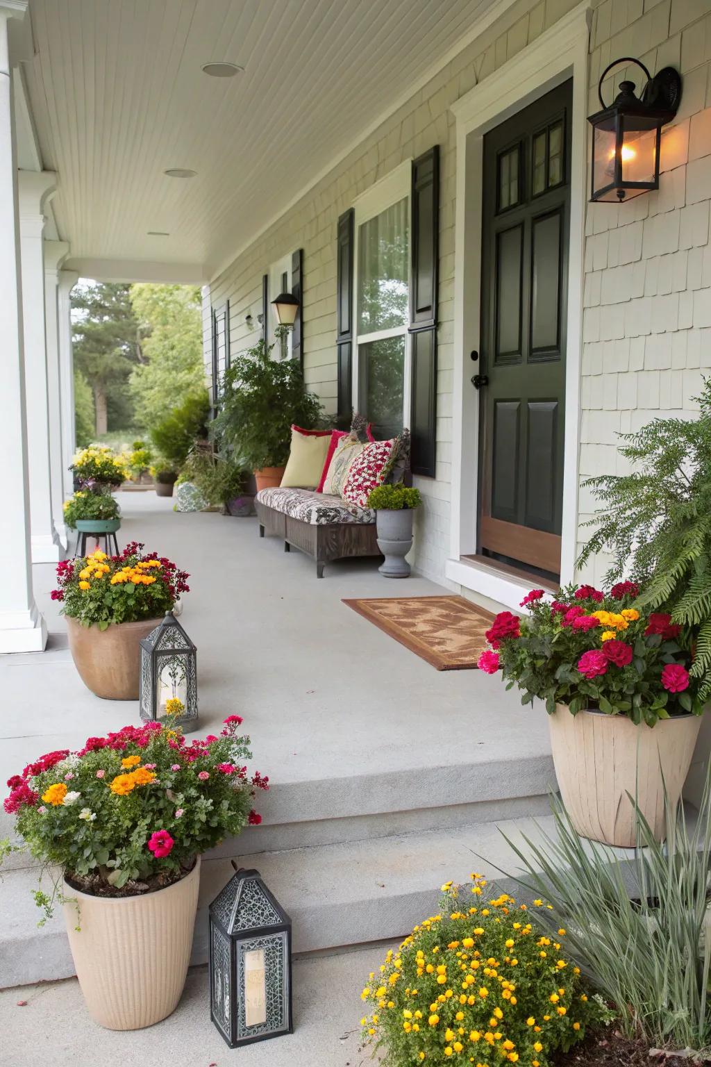 Symmetrical plant arrangement creating balance on a front porch.