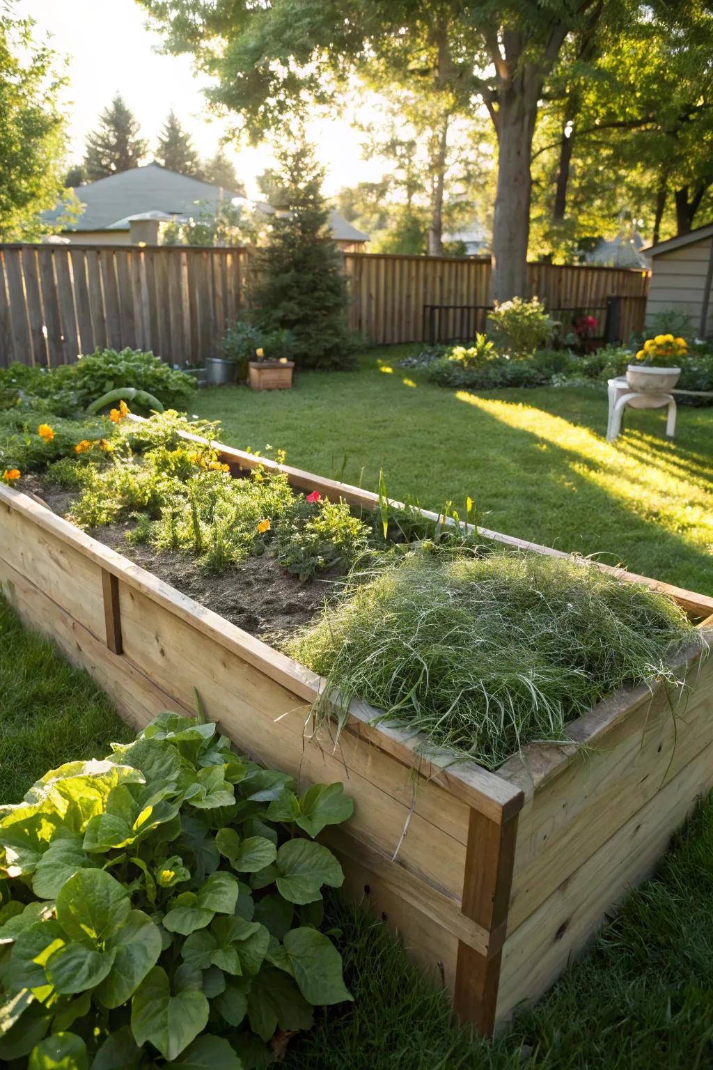 Grass clippings adding nutrients to a raised garden bed.