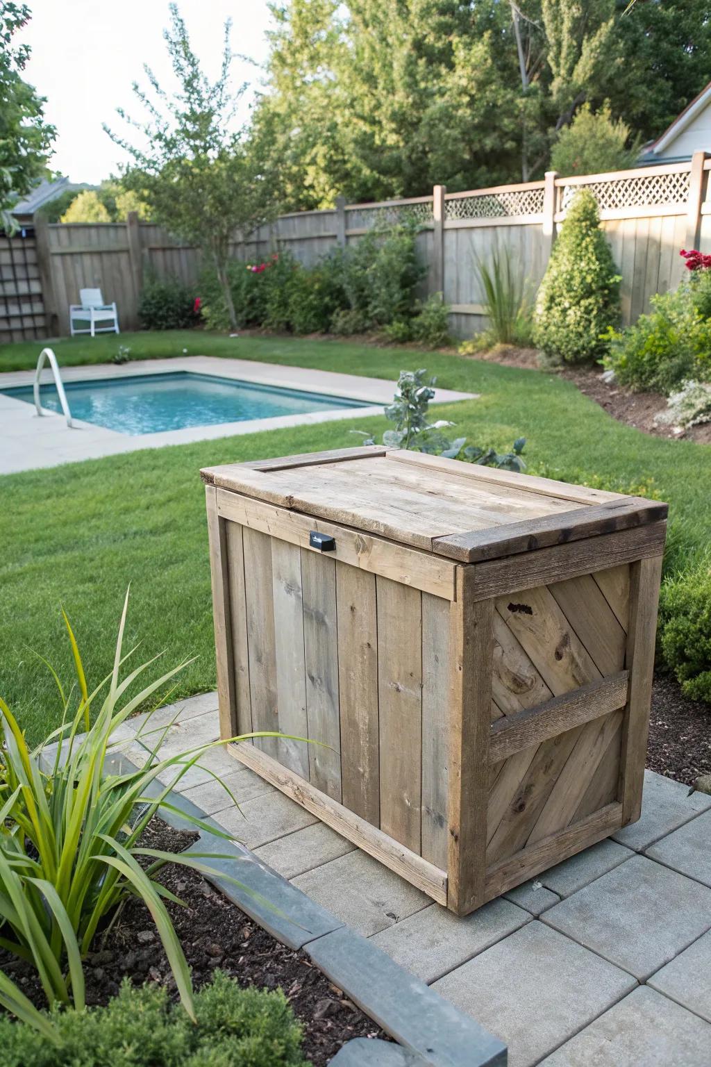 A personalized DIY box creatively hides pool equipment.