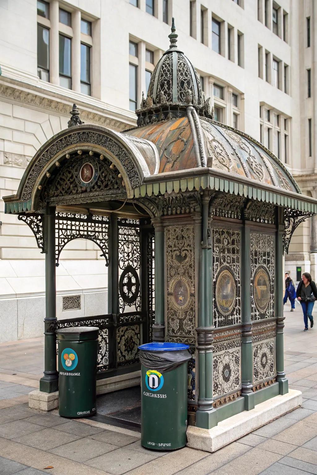Decorative structures turn trash can covers into stylish garden features.