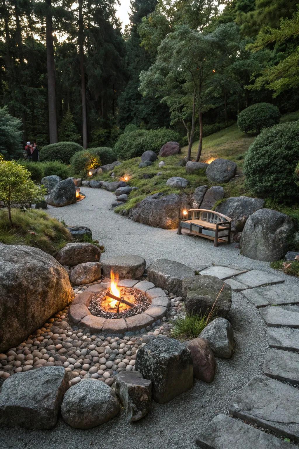 A central fire pit surrounded by stones creates a gathering space.