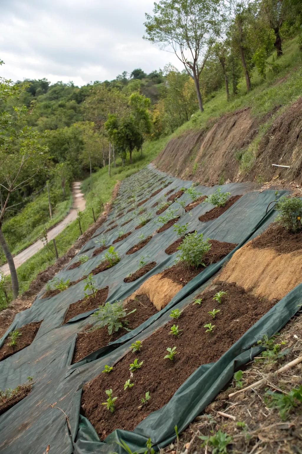 A sloped area protected by biodegradable erosion control blankets.
