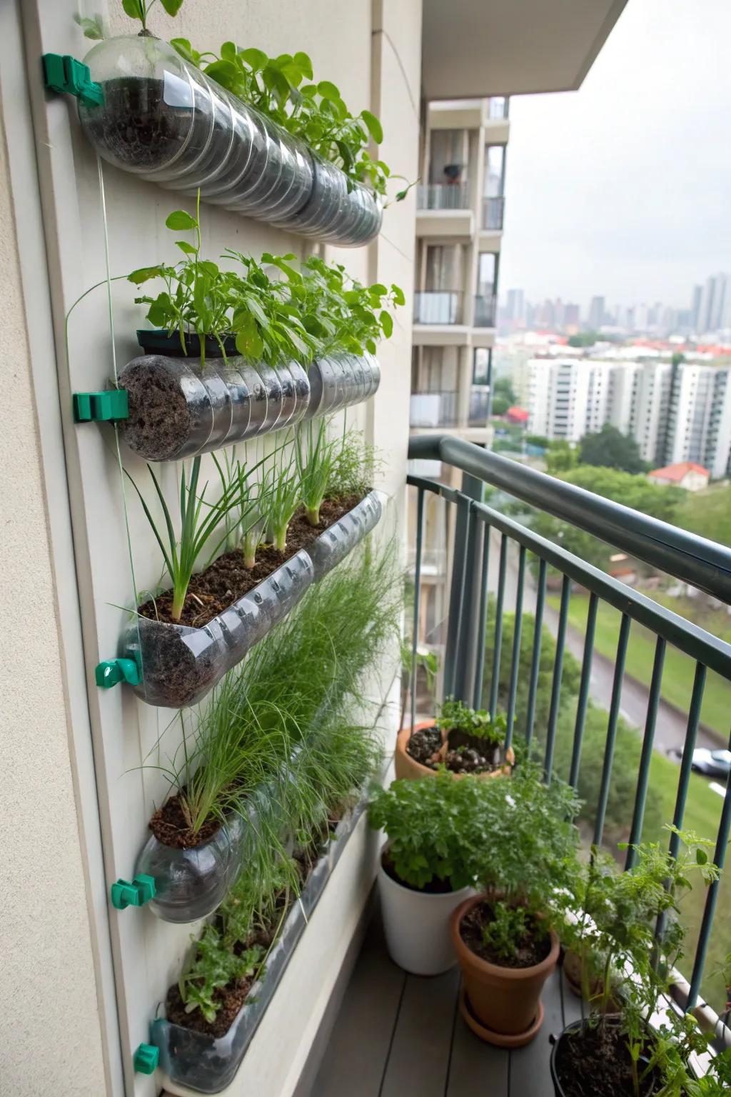Plastic bottles get new life as a vertical hydroponic garden.