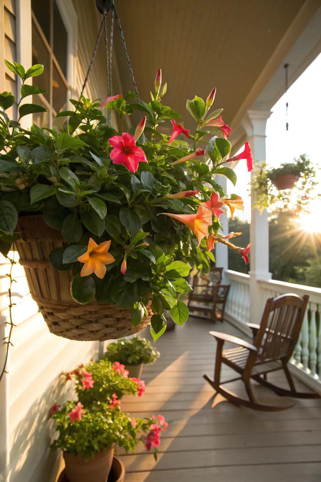 A tropical escape with mandevilla blooms.