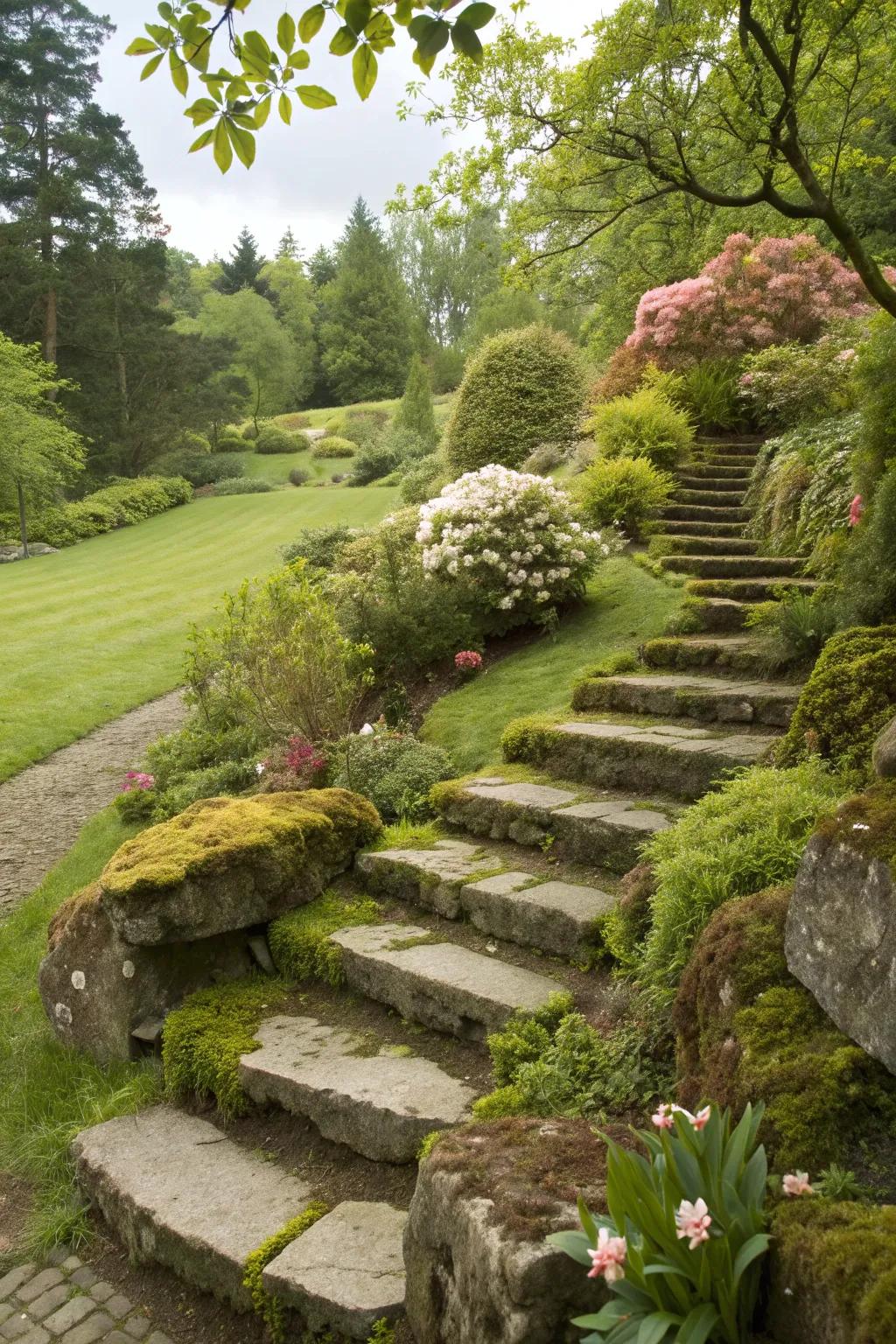 Natural stone steps combine function with beauty in your garden.