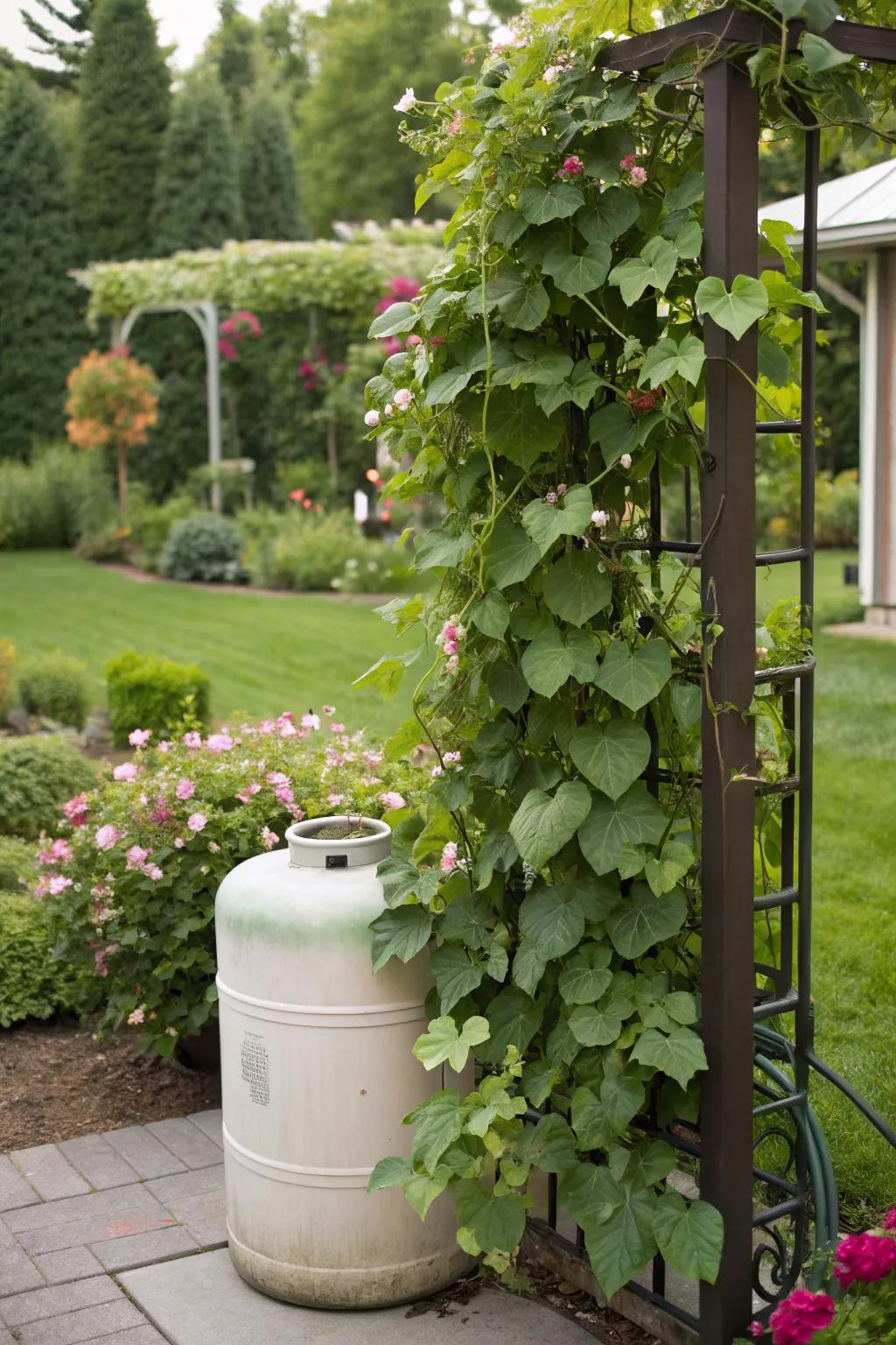 Elegant trellis screens with climbing vines provide stylish concealment.