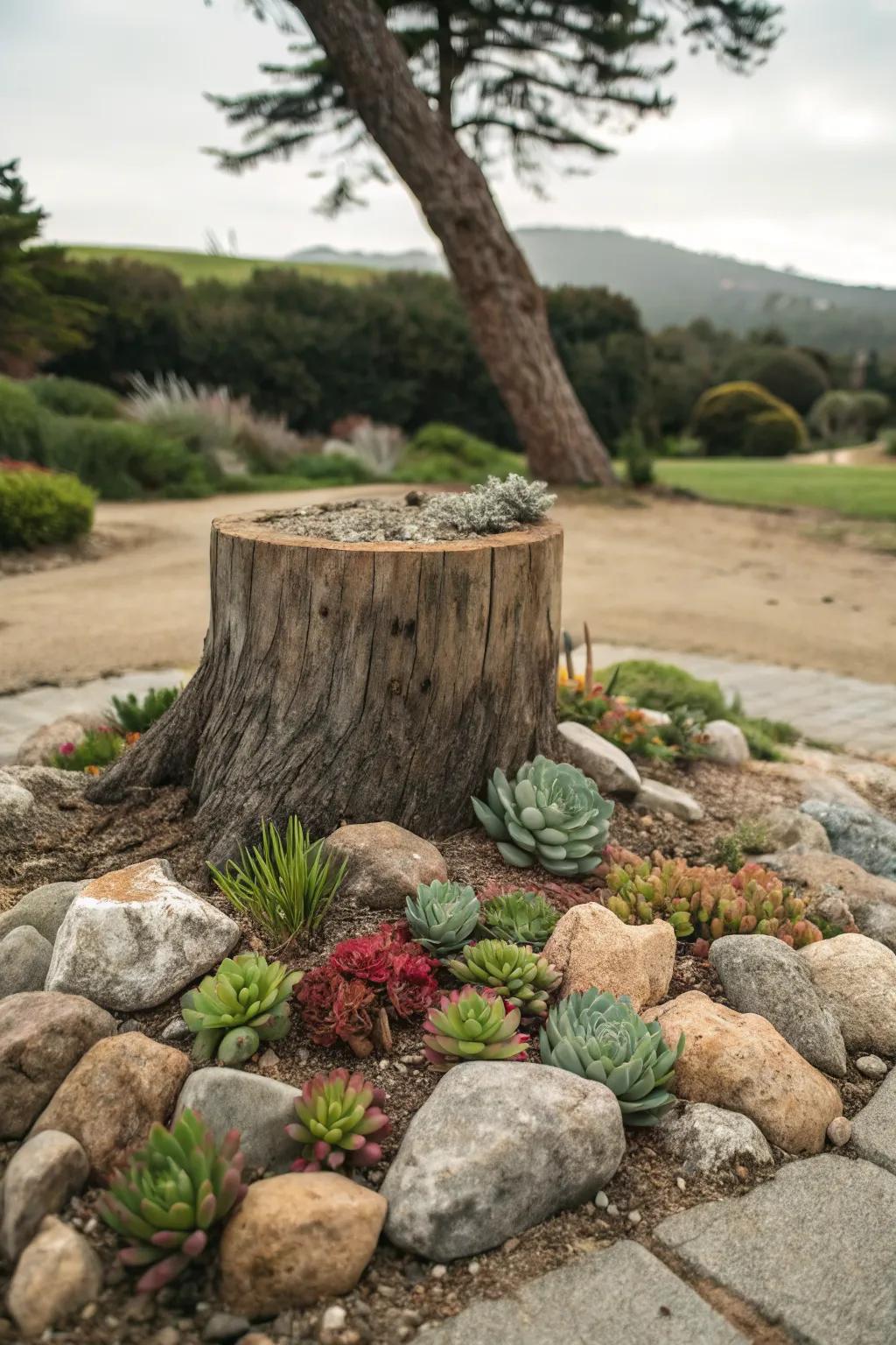 A harmonious rock garden envelops a tree stump.