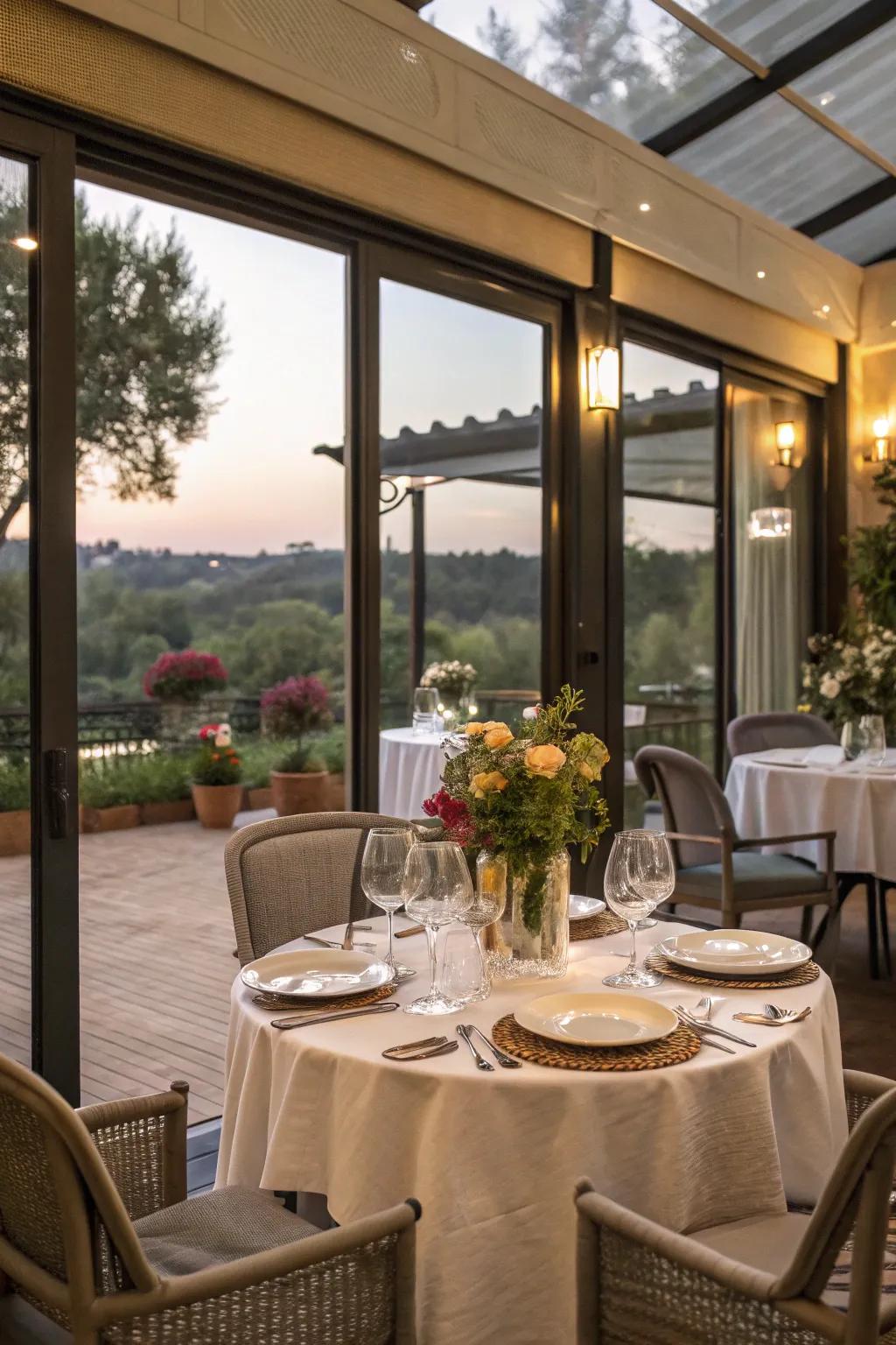 An elegant enclosed dining area with scenic views.