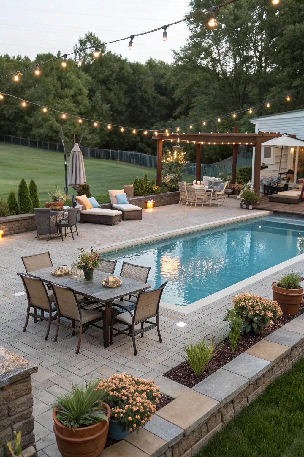 A multi-functional space for dining and lounging by the pool.