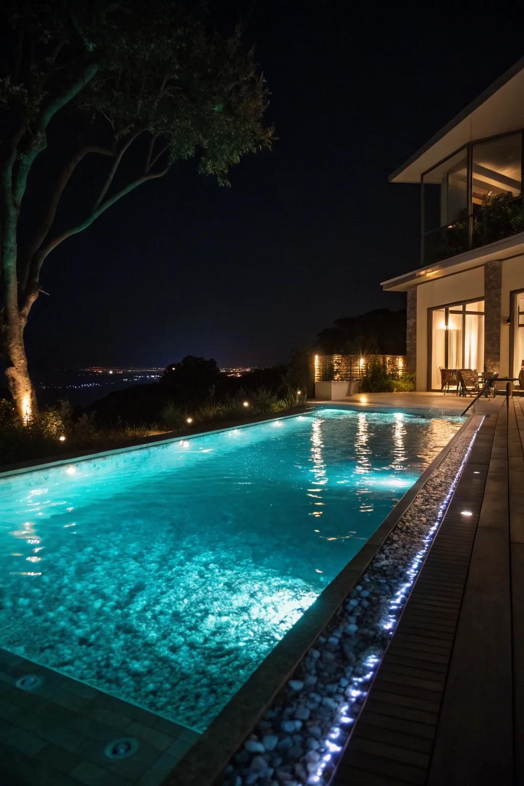 Soft, ambient lighting transforms the pool into a nighttime oasis.