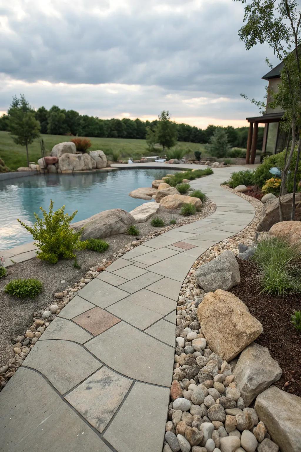 Stone pathways guide guests and add charm to your pool area.