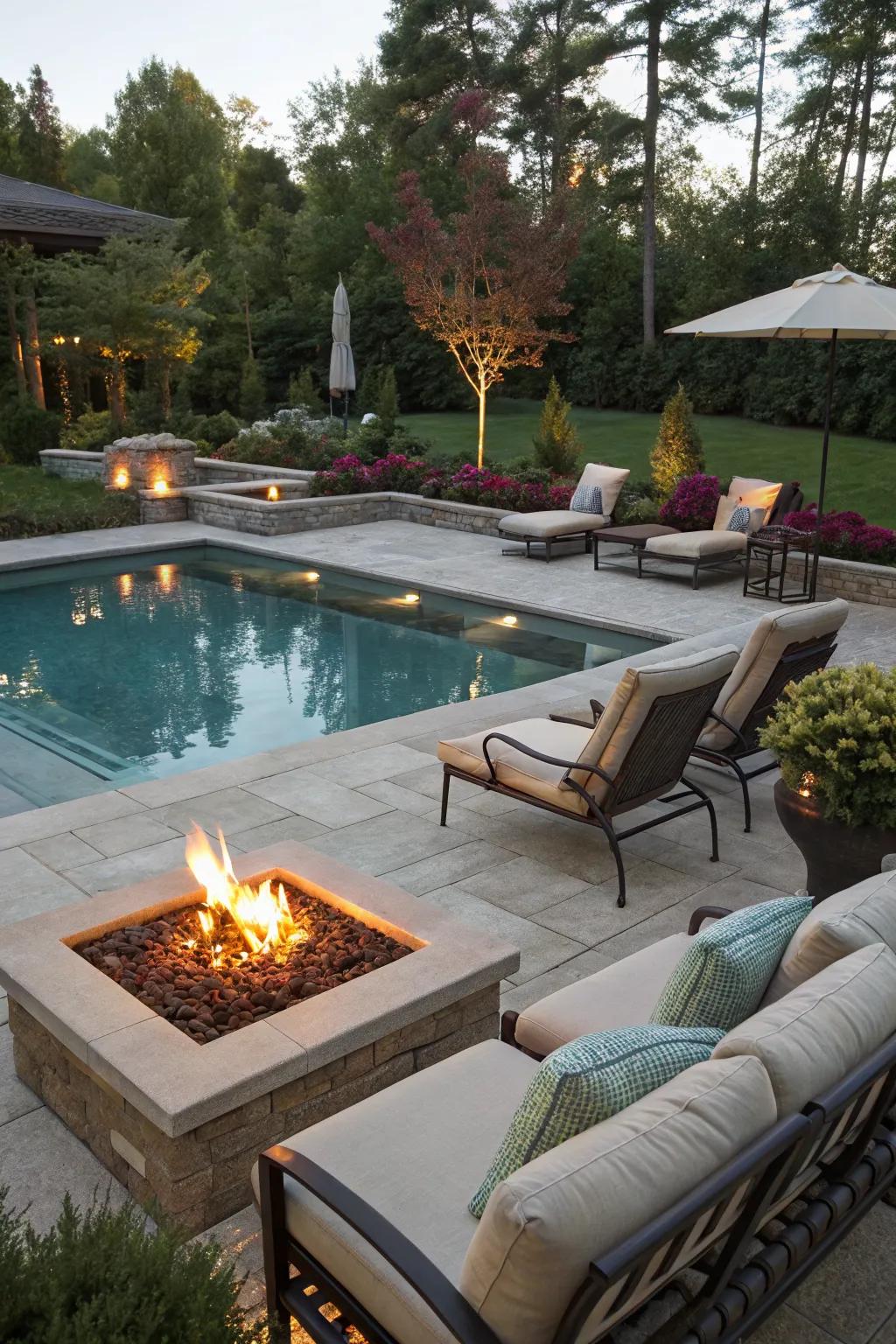 A warm and inviting inground pool area with a cozy fire pit.