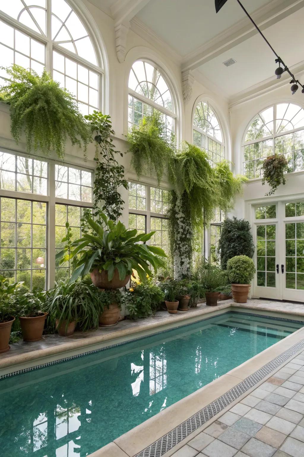 Nature-infused pool house with lush greenery.