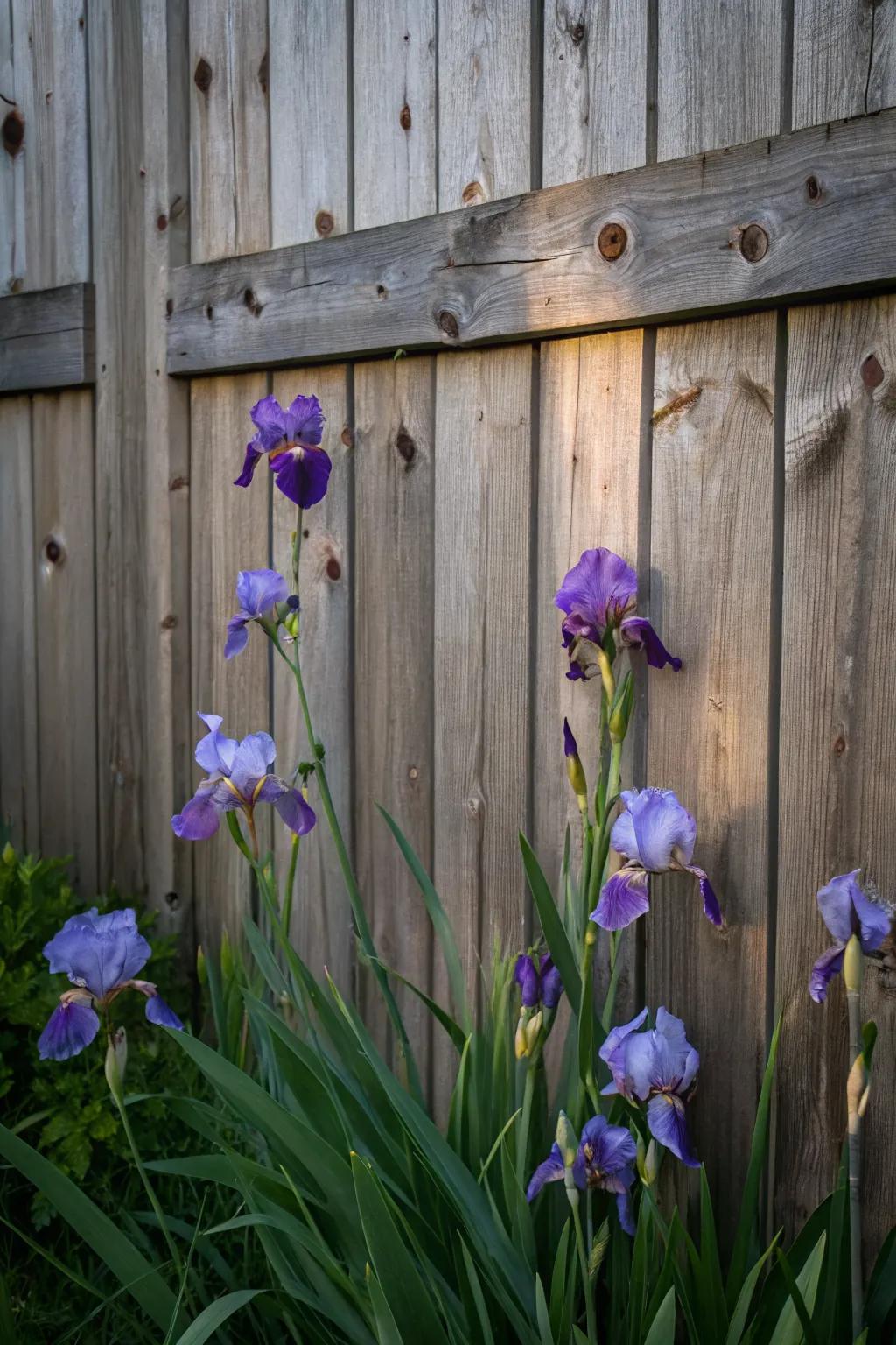 Irises against a fence creating a dramatic effect.