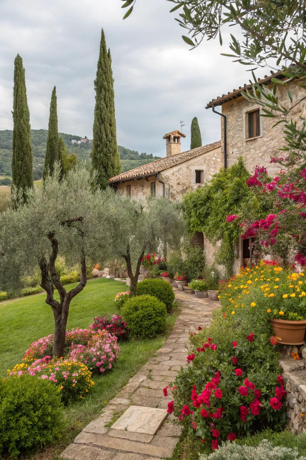 Olive and cypress trees offer a quintessential Mediterranean feel.