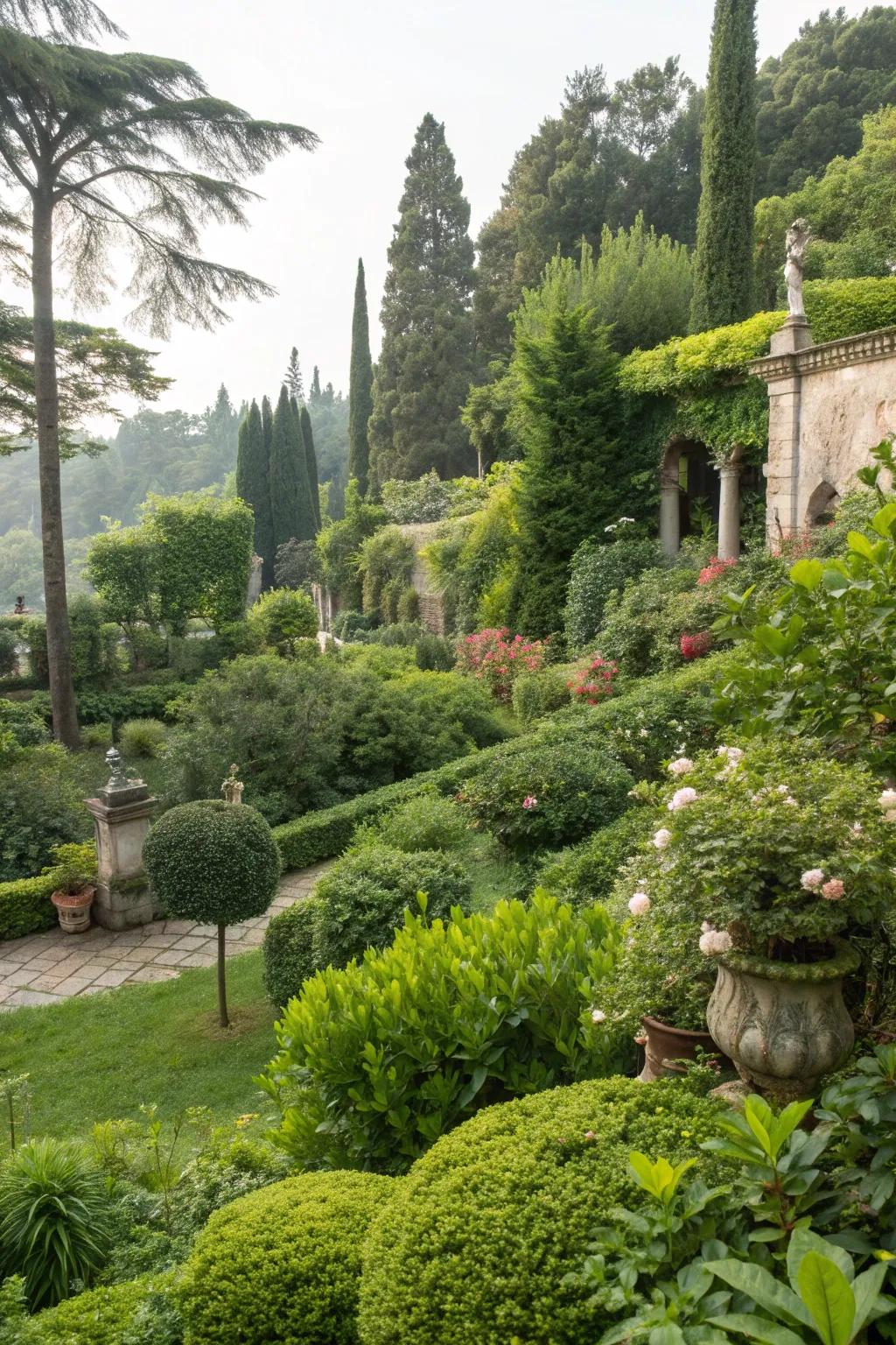 Lush greenery with a variety of textures and heights.